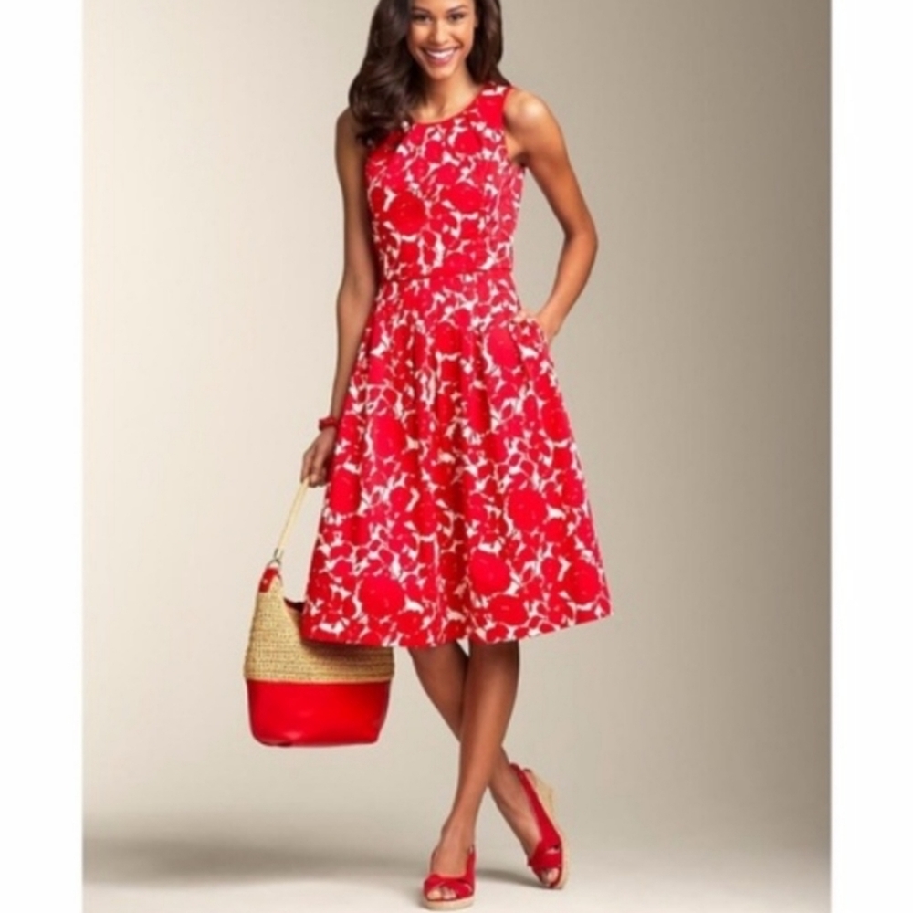 {20WP} Talbots Red White Floral Fit n Flare Dress